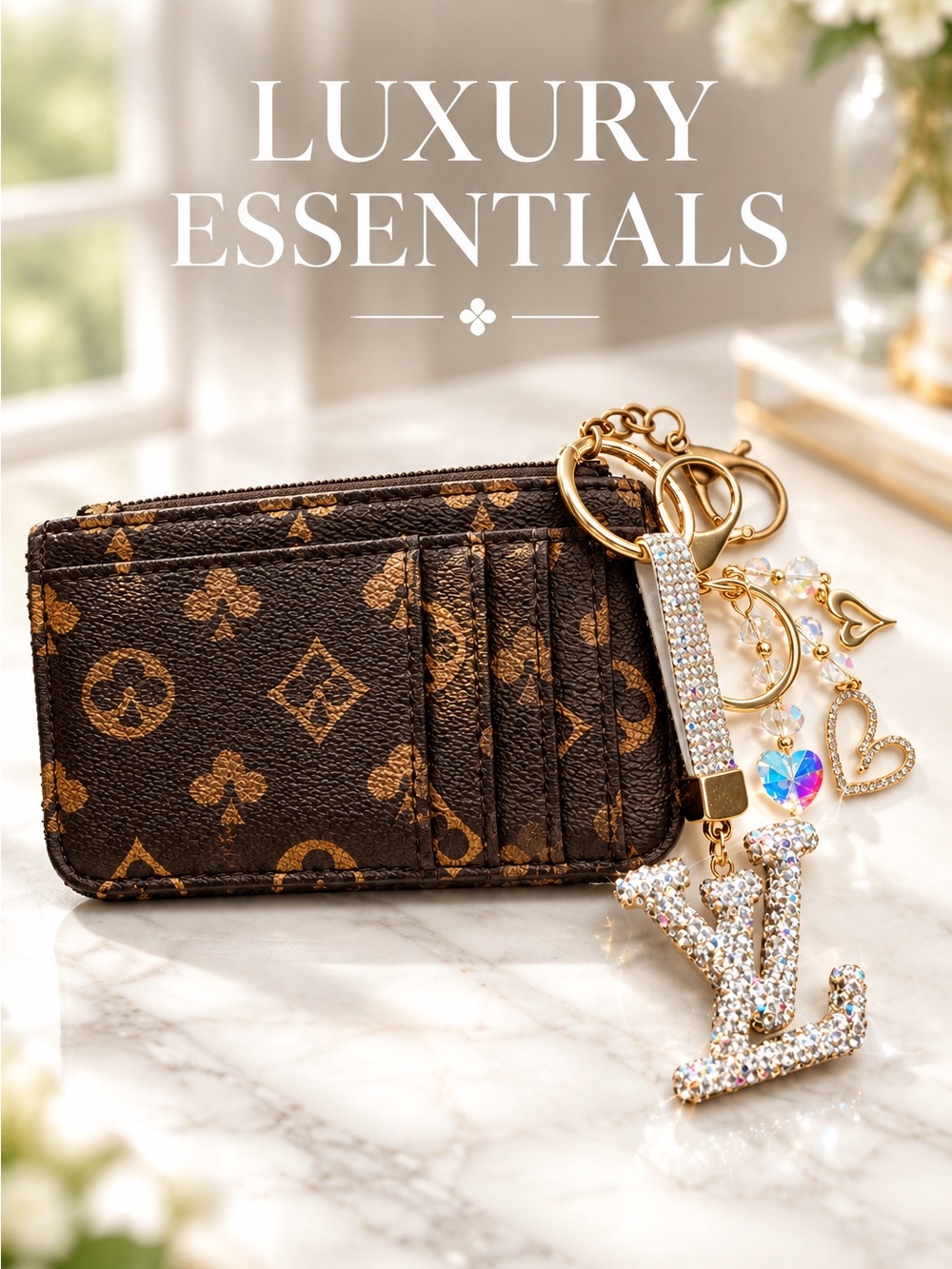 Designer-Inspired Brown Monogram Card Holder with Crystal Initial Key Charm